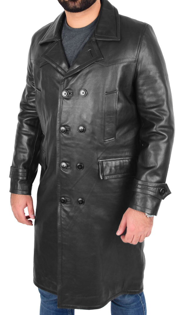 Mens Trench Leather Coat 3/4 Long Overcoat Neo Black