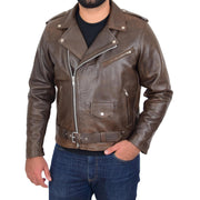 Mens Genuine Cowhide Biker Jacket Heavy Duty Antique Brown Leather Coat Rock