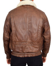 Mens Genuine Leather Pilot Jacket Cognac Flight Aviator Sheepskin Collar Bomber Blaze