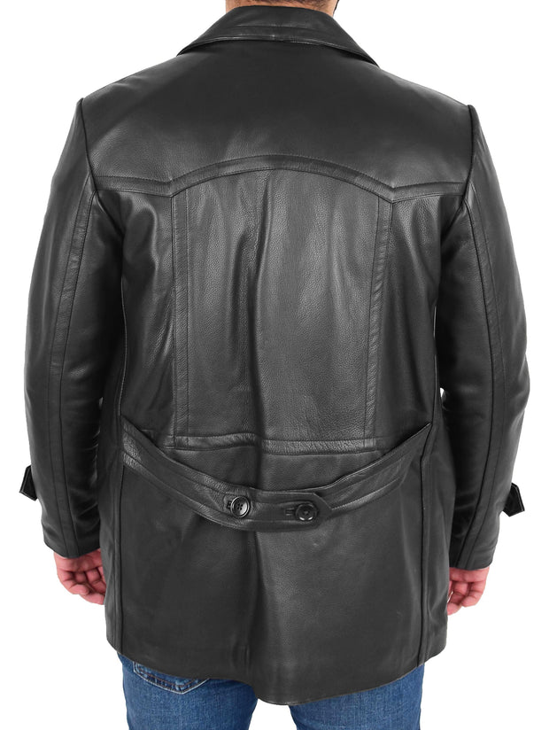 Mens Trench Leather Fitted Reefer Military Overcoat Ernest Black 1
