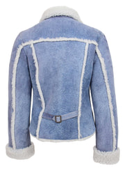 Womens Real Sheepskin Trucker Jacket Denim Blue Washed Genuine Shearling Jenna