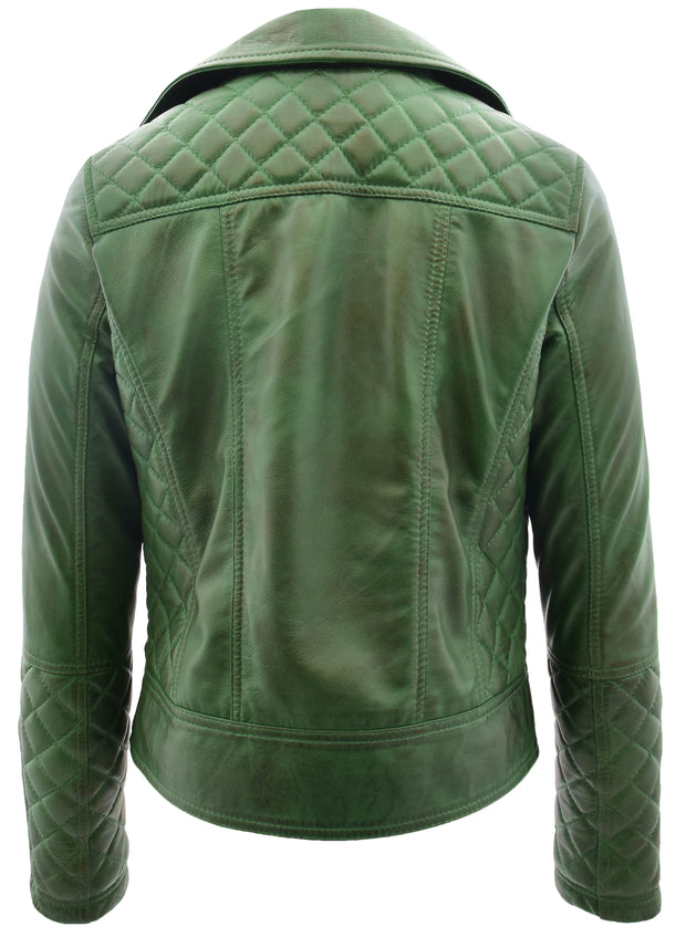 Womens Real Leather Jacket Green Fitted Quilted Trendy Biker Style Bonnie