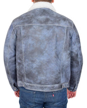 Mens Real Sheepskin American Trucker Jacket Blue Fitted Merino Curly Shearling Rudy 1