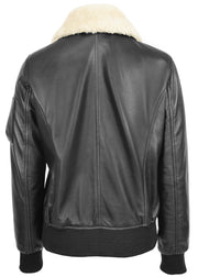 Womens Leather Bomber Jacket Black Removable Sheepskin Collar Fitted Varsity Dolly2