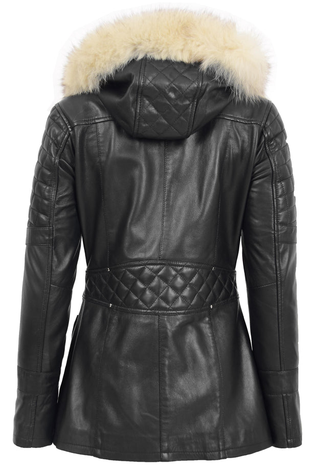 Womens Trendy Real Soft Leather Duffle Coat Fitted Removable Hood Parka Cory Black 1