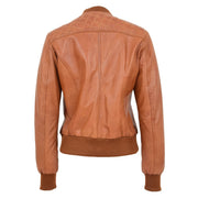 Womens Real Leather Bomber Jacket Tan Diamond Quilted Fitted Varsity Storm Back