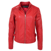 Womens Soft Red Leather Biker Jacket Designer Stylish Fitted Quilted Celeste Open Neck