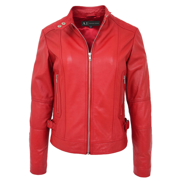 Womens Soft Red Leather Biker Jacket Designer Stylish Fitted Quilted Celeste Open Neck