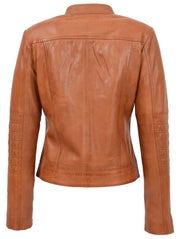 Womens Genuine Leather Biker Style Zip Up Fitted Jacket Poppy Tan 1