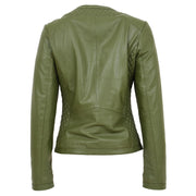Women Collarless Olive Green Leather Jacket Fitted Quilted Zip Up - Remi Back