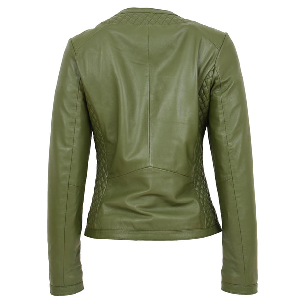 Women Collarless Olive Green Leather Jacket Fitted Quilted Zip Up - Remi Back
