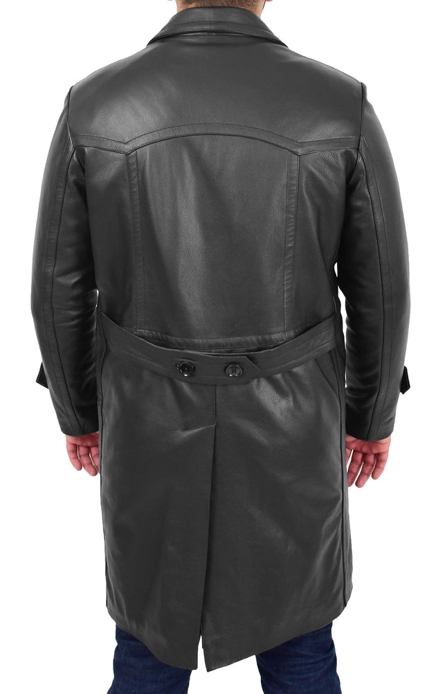 Mens Trench Leather Coat 3/4 Long Overcoat Neo Black 1