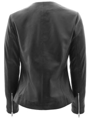 Women Black Leather Jacket Collarless Neckline Soft Fitted Zip Fasten Elena