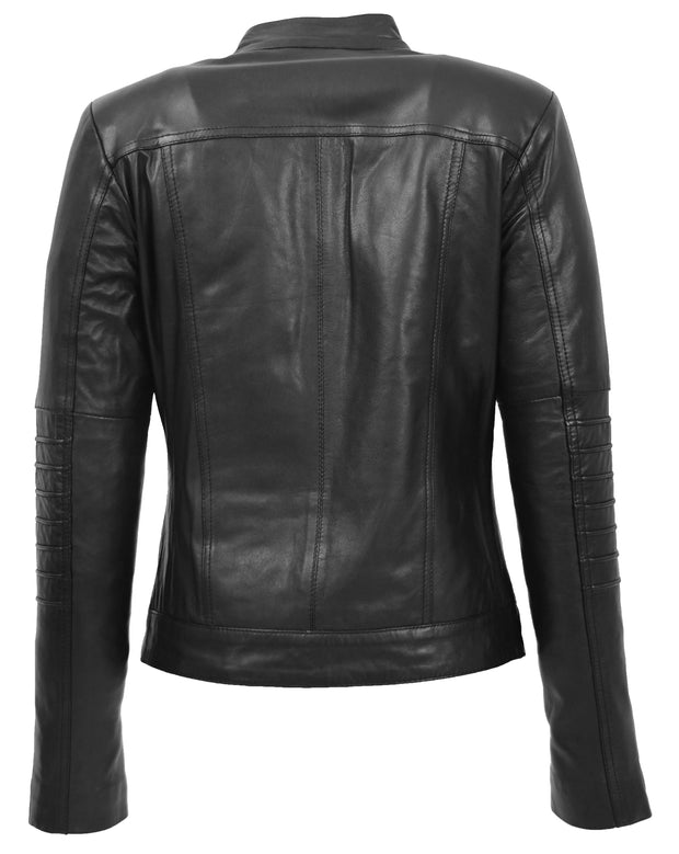 Womens Genuine Leather Biker Style Zip Up Fitted Jacket Poppy Black 1