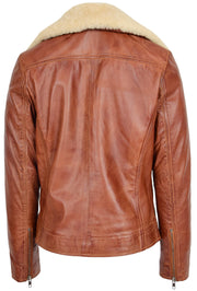 Womens Real Chestnut Leather Trendy Biker Jacket With Removable Sheepskin Collar Rosie