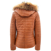 Womens Real Leather Puffer Jacket Fully Quilted Removable Hood Belinda Tan