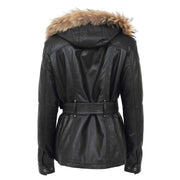 Ladies Black Leather Duffle Coat Belted Removable Hood Parka Jacket Sarah Back