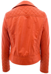 Womens Real Leather Jacket Orange Fitted Quilted Trendy Biker Style Bonnie