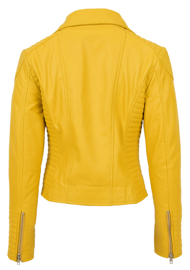 Womens Designer Leather Biker Jacket Fitted Quilted Bonita Yellow-1