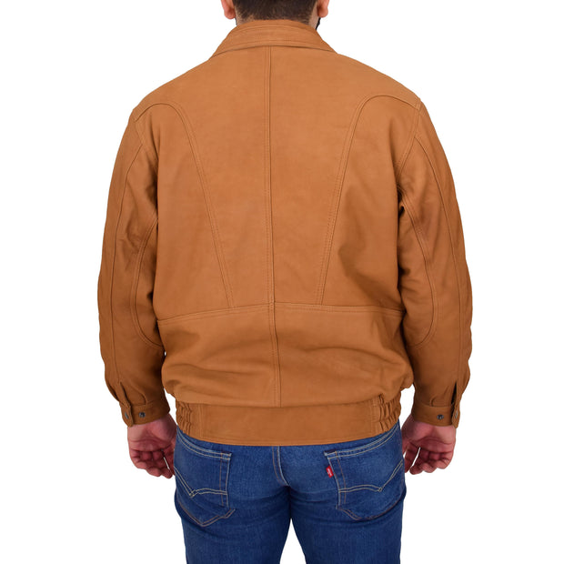 Mens Soft Real Buff Leather Blouson Jacket Classic Bomber Coat Peter Tan Back