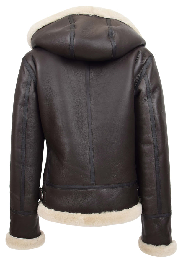 Womens Real Brown Sheepskin Jacket Hooded Shearling B3 Pilot Coat Maria 1