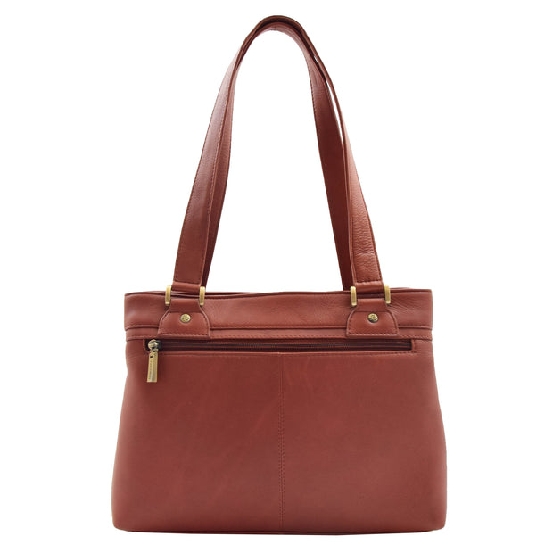 Womens Leather Shoulder Bag Multi Zip Pockets Handbag Polly Brown Back
