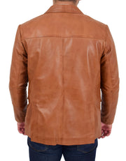 Mens Blazer Leather Jacket Fitted 2 Button Fasten Donnie Tan 1