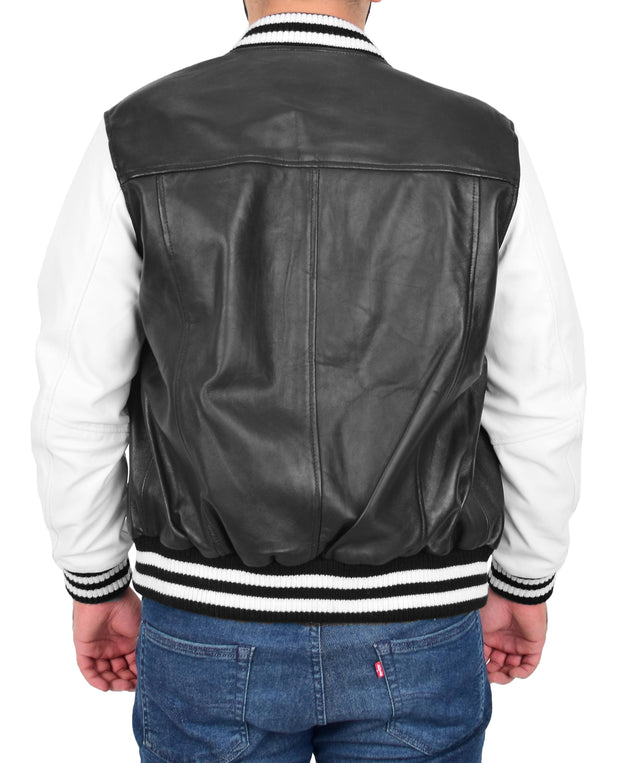 Trendy Mens Leather Bomber American Baseball Style Black White Combo Jacket - Elijah 1