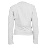 Women Collarless White Leather Jacket Fitted Quilted Zip Up - Remi Back