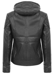 Womens Genuine Black Leather Biker Style Jacket With Removable Hood Sally 1
