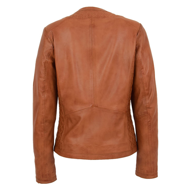 Women Collarless Cognac Leather Jacket Fitted Quilted Zip Up - Remi Back