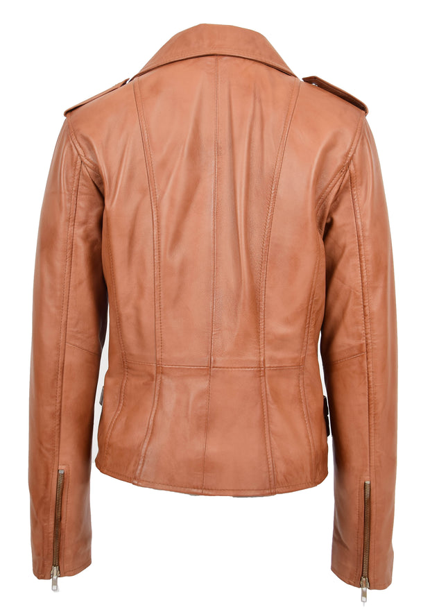 Womens Trendy Biker Leather Jacket Beyonce Cognac