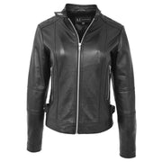 Womens Soft Black Leather Biker Jacket Designer Stylish Fitted Quilted Celeste Open Neck