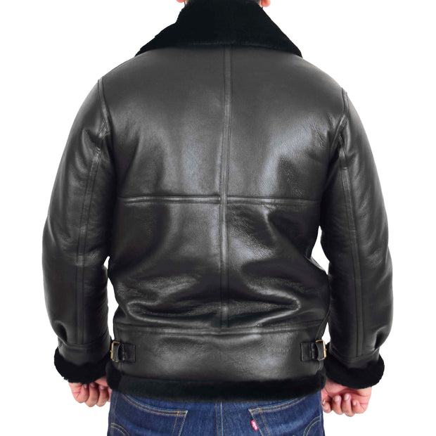Genuine Sheepskin Flying Jacket For Men B3 Bomber Shearling Coat Thunder Black Back