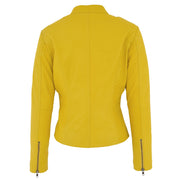 Womens Fitted Leather Biker Jacket Casual Zip Up Coat Jenny Yellow Back