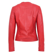 Women Collarless Red Leather Jacket Fitted Quilted Zip Up - Remi Back