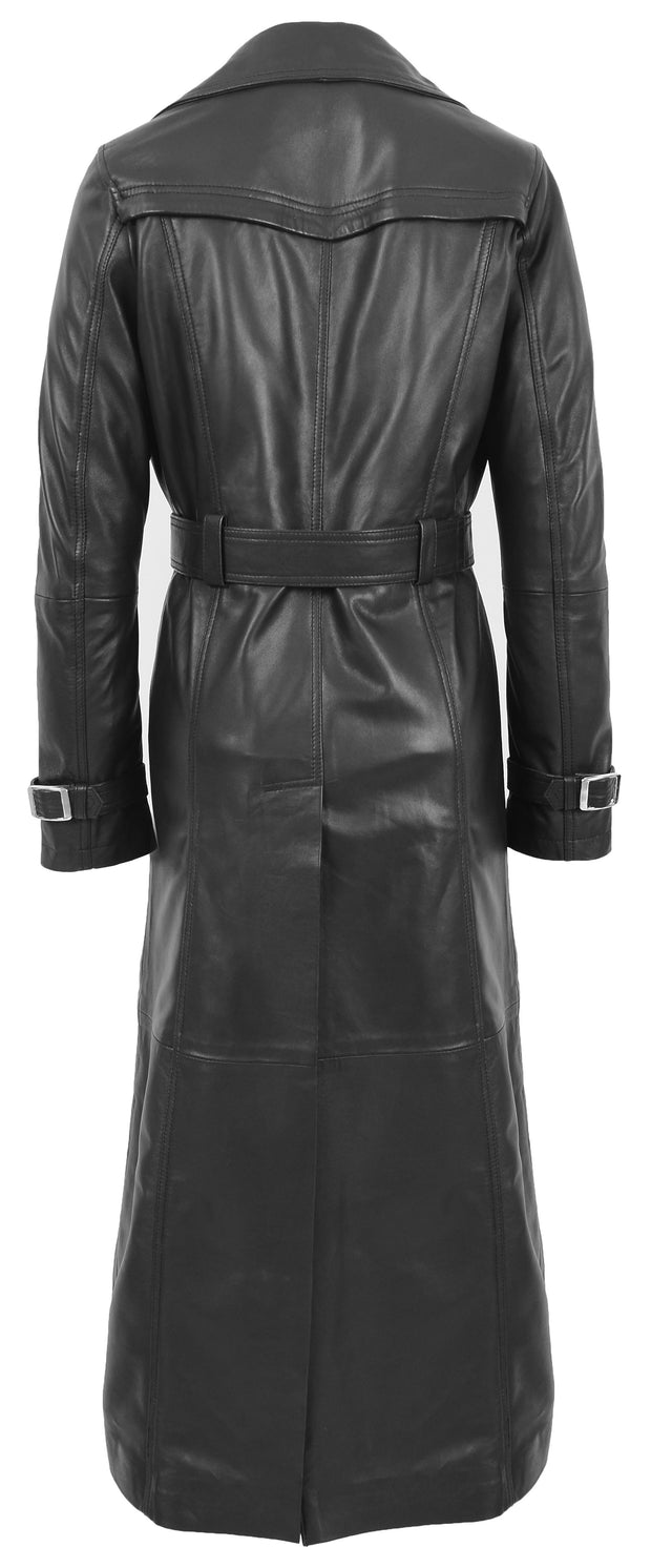 Womens Full Length Long Black Leather Trench Coat Trinity 1