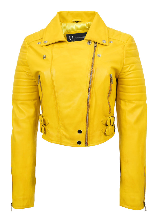 Womens Fitted Cropped Bustier Style Leather Jacket Amanda Yellow Vintage