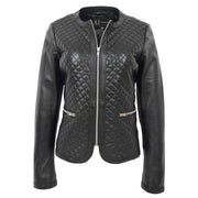Women Collarless Black Leather Jacket Fitted Quilted Zip Up - Remi Front