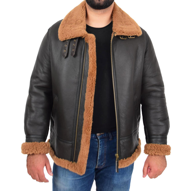 Genuine Sheepskin Flying Jacket For Men B3 Bomber Shearling Coat Thunder Brown/Ginger Front Open 1