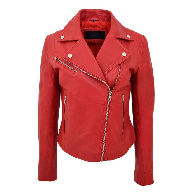 Womens Soft Genuine Leather Biker Jacket Slim Fit Coat Julie Red Front 1