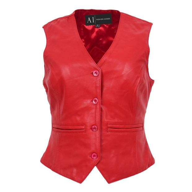 Womens Soft Leather Waistcoat Slim Fit Vest Classic Gilet Katy Red