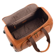 Wheeled Tan Leather Holdall Telescopic Handle Travel Duffle Ozwald Open