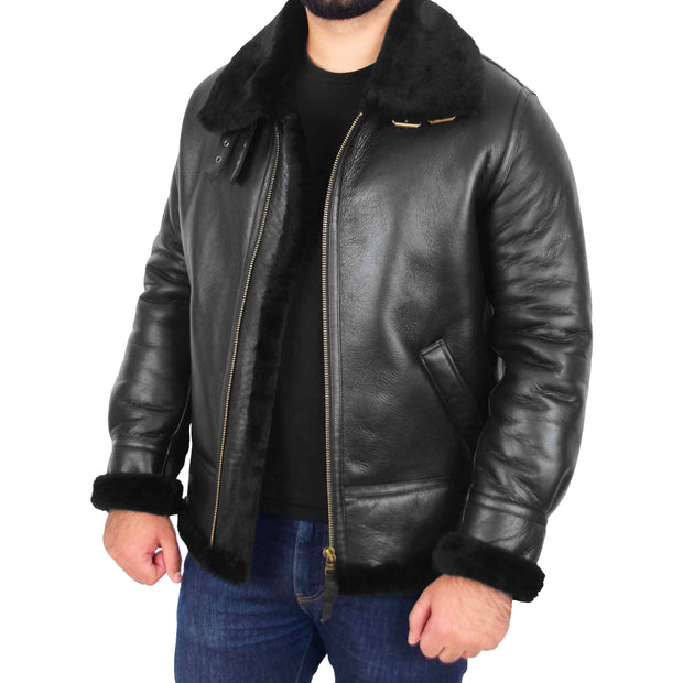 Genuine Sheepskin Flying Jacket For Men B3 Bomber Shearling Coat Thunder Black Front Open 1