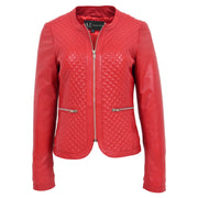 Women Collarless Red Leather Jacket Fitted Quilted Zip Up - Remi Front