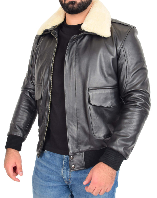 Mens Genuine Cowhide Black Leather Flight Jacket Sheepskin Collar Bomber Harrier