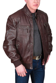 Mens Bomber Soft Leather Jacket Zip Fasten Ryan Brown open zip view