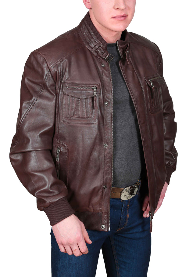 Mens Bomber Soft Leather Jacket Zip Fasten Ryan Brown open zip view