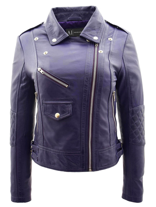 Womens Leather Biker Jacket Purple Trendy Slim Fit Designer Ayla