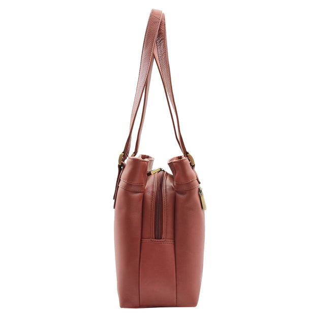 Womens Leather Shoulder Bag Multi Zip Pockets Handbag Polly Brown Side